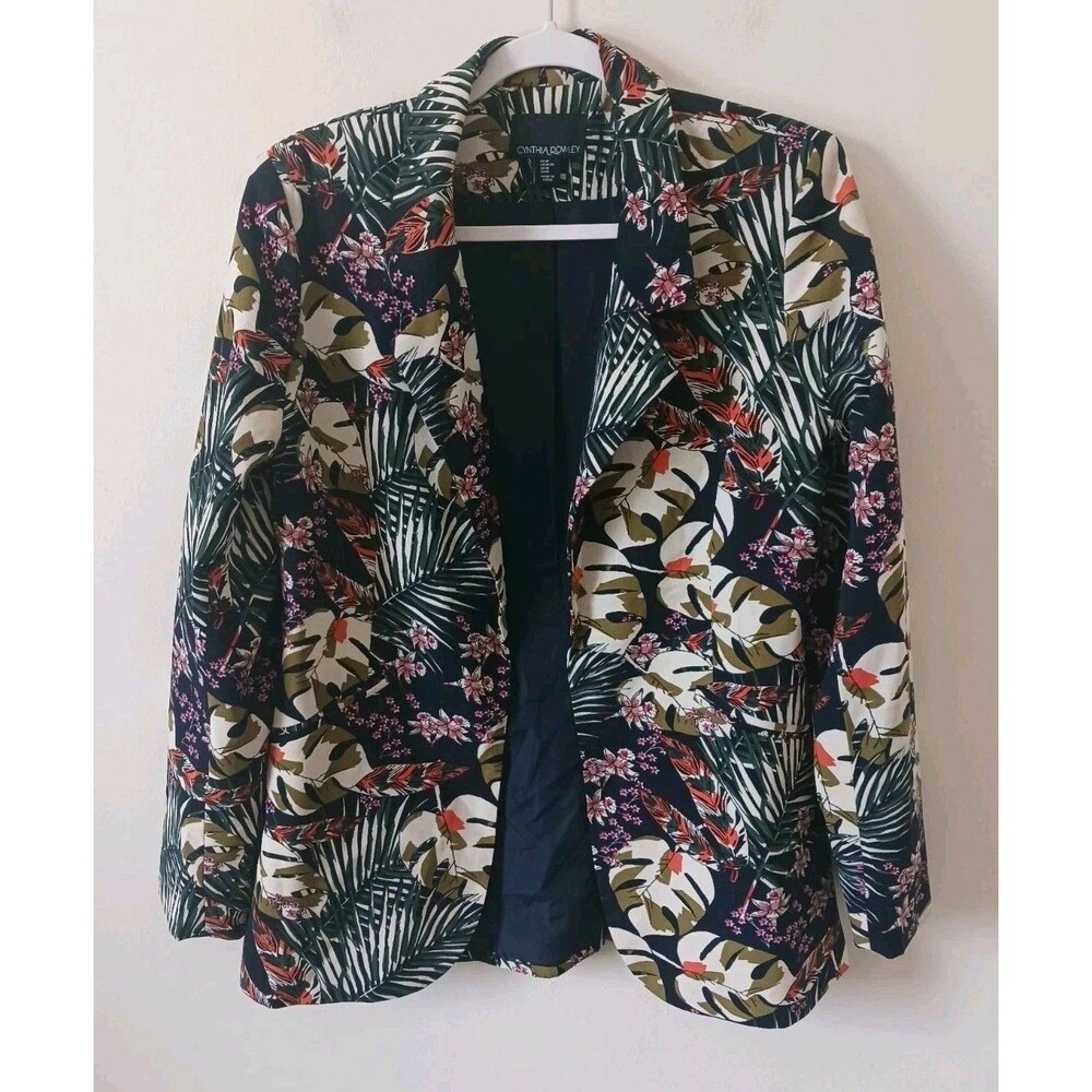 Cynthia Rowley Blazer Women M Black Floral Palm Print Open Front Jacket